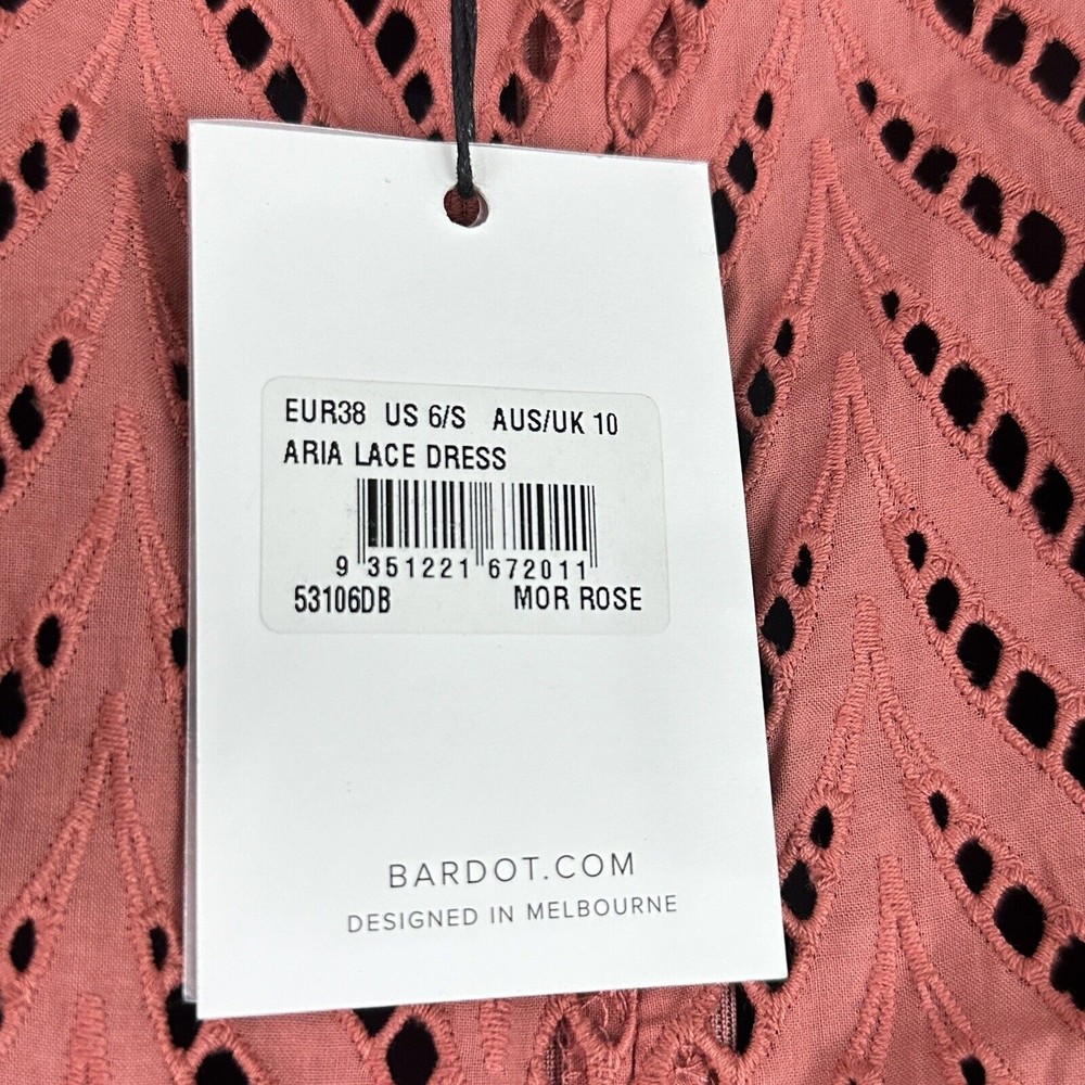 Revolve Bardot Aria Eyelet Cutout Short Dress Ruffle Moroccan Rose US S Uk10 - Picture 13 of 16